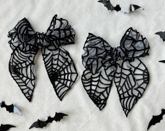Halloween Bow, Black Spider Web Bow, Mesh Bow, Lace Bow, Bow Hair Clip, Long Tail Hair Bow, Barrette Hair Clip,  Brynnbands, Fable Bow
