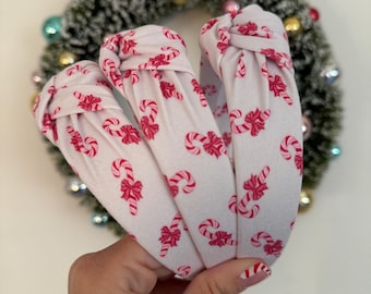 Pink Candy Cane & Bows Top Knot Headband, holiday headband,  Hard Headband , Christmas  Headband, Bendable Headband, Brynnbands