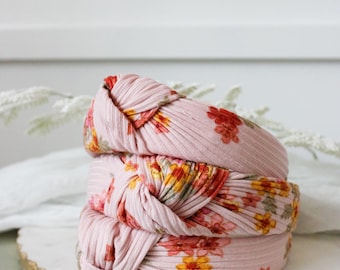 Pink Floral Rib Knit Top Knot,  Floral Headband,Fall Headband, Brynnbands, Hard Headband, Knotted Headband, Fall Hair