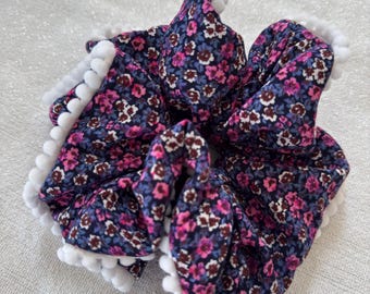 Floral Scrunchie with Pom Pom Trim, Handmade Hair Accessory
