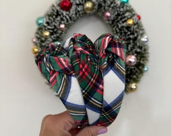 Christmas Plaid velvet Top Knot Headband, holiday plaid headband,  Hard Headband , Christmas  Headband, Bendable Headband, Brynnbands