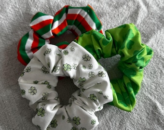 Set of 3 Scrunchies, St Patricks Day Set, Green Shamrocks, Orange Green White Stripe, Rainbow Scrunchie
