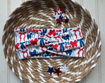 Red White Blue Bows Turban, Brynnbands, Soft Headband, Turban Headband, Twisted Headband, 4th of July Headband, Memorial Day, Patriotic