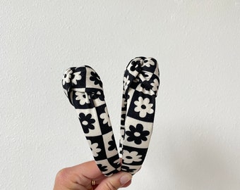 Black & White Floral Checkered Top Knot Headband, Brynnbands, Hard Headband, Knotted Headband, Top Knot, Top Knot Headband, Knot Headband,