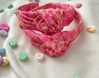 Retro Pink Floral Top Knot Headband, Brynnbands, Hard Headband, Knotted Headband, Top Knot