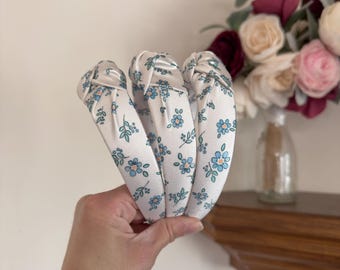 White Floral Satin Top Knot, Brynnbands, Hard Headband, Knotted Headband