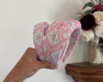 Vintage Pink Bow Floral, Hard Headband. Top Knot, Vintage Fabric, Recycled Fabric, Top Knot Headband, Brynnbands, Knotted Headband