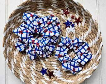 Blue Gingham with Red Bows Scrunchie | Patriotic Scrunchies | Red White and Blue Hair Accessories | 4th of July Scrunchie | USA Print |