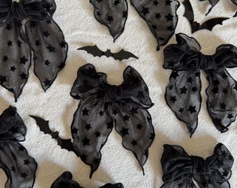 Black Stars MESH Fable Bow, Halloween Bow,  Bow Hair Clip, Long Tail Hair Bow, Barrette Hair Clip,  Brynnbands,