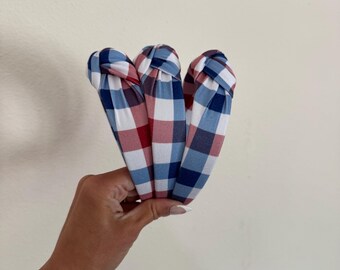 Patriotic Gingam, Hard Headband | Red White & Blue USA Hair Accessory | 4th of July Headband | Pastel Gingham Top Knot Headband, Brynnbands