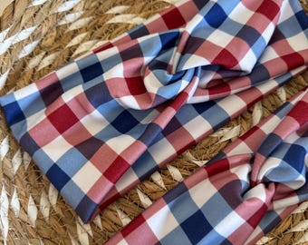 Red White and Blue Checkered Turban, Brynnbands, Soft Headband, Turban Headband, Twisted Headband, 4th of July Headband, Patriotic Headband