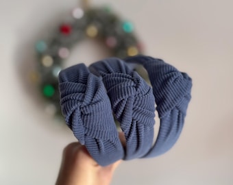 Denim Blue Corduroy Top Knot Headband, Brynnbands, Hard Headband, Knotted Headband,