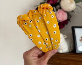 Daisy Headband, Yellow Daisies, Chiffon Top Knot Headband, Brynnbands, Hard Headband, Knotted Headband, Top Knot