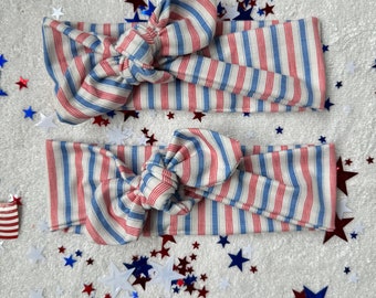 Distressed Stripes BrynnBow, Bow Headband, Tied Headband, Tied On Headband, Brynnbands, 4th of July Headband, Mommy & ME Headband