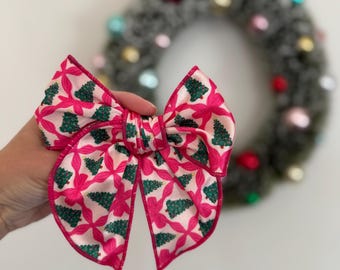 Pink Christmas Trees Bow Hair Clip: Satin Fable Bow,