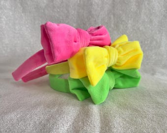 Neon Velvet Bow Top Knot Headband, Comfortable Adjustable Fit, Brynnbands