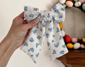 Blue Crinkle Floral Bows, Bow Hair Clip, Barrette Hair Clip, Soft Hair Clip, Easter Bows, Barrette, Brynnbands