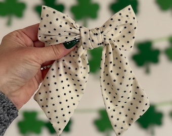 Cream & Black Polka Dots Bow, Bow Hair Clip, Barrette Hair Clip, Chiffon Hair Clip, Chiffon Barrette, Brynnbands