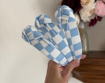 Blue & White Checkered Top Knot, Americana Headband, Spring Headband, Brynnbands, Hard Headband, Knotted Headband, Stars, Headband