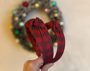 Red Plaid Top Knot Headband, holiday headband,  Hard Headband , Christmas  Headband, Bendable Headband, Brynnbands