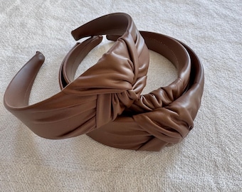 Brown Pleather Top Knot Headbands - Handmade Brynnbands, Pleather Headband, Pleather Headband, Hard Headband