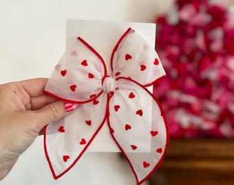 Clear Mesh with Red Flocked Hearts Fable Bow, Valentine's Bow