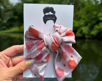 Pink Seashells Shorty Swim Bow,  Floppy Bow Hair Clip, Barrette Hair Clip, Soft Hair Clip, Barrette Bow , Brynnbands