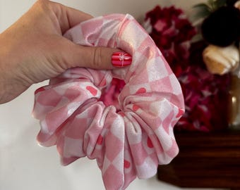 Checkered Hearts Velvet Scrunchie, Oversized Scrunchie, Silky Scrunchie, Brynnbands, Hair Scrunchie, Hair Tie,