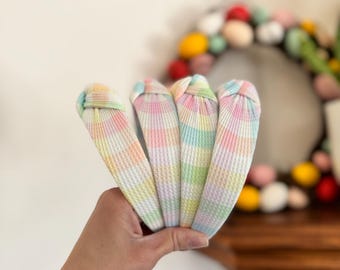 Pastel Gingham Waffle Knit, Top Knot Headband, Brynnbands, Hard Headband, Knotted Headband, Top Knot, Top Knot Headband, Knot Headband,