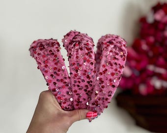 Pink Sequins Headband, Velvet Top Knot, Valentine Headband, Pink Headband, Brynnbands, Hard Headband, Knotted Headband, Valentine's Day