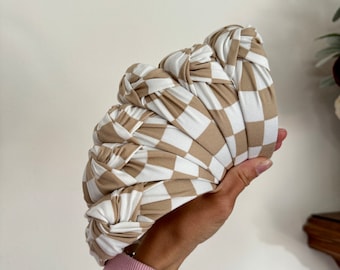 Cream & White Checkered Headbands, Women’s Knotted Headbands,  Hard Headband, Classic Headband,  Headband, Brynnbands