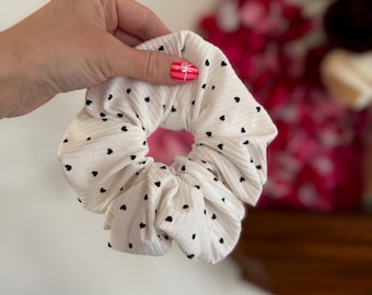White Hearts Rib Knit Scrunchie, Valentine Scrunchie, Soft Scrunchie. Brynnbands,