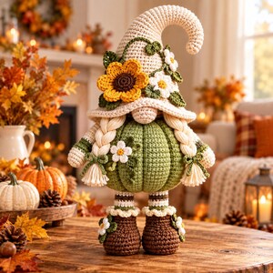 Virkat hösttomtemönster, pumpatomte-amigurumi i PDF-format, virkmönster för höstdekorationer, Thanksgiving-tomte, direktnedladdning