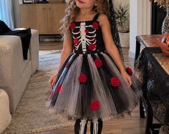 Girls Skeleton Bride Costume,Kids Halloween Costume, Gothic Skeleton Dress for Girls,Spooky Bride Tutu Outfit,Halloween Dress,gothic costume