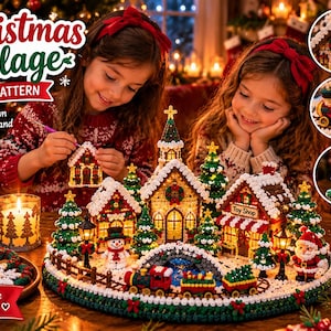 May include: A crochet pattern for a Christmas village featuring a church, toy shop, snowman, Santa Claus, and a train on a circular base. The text reads Christmas Village Crochet Pattern, Create Your Own Winter Wonderland, and PDF Pattern.