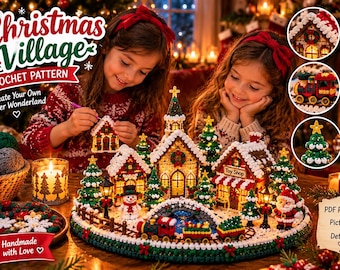 Könnte beinhalten: Eine Häkelanleitung für ein Weihnachtsdorf mit Kirche, Spielzeugladen, Schneemann, Weihnachtsmann und einem Zug auf einer runden Basis. Der Text lautet Christmas Village Crochet Pattern, Create Your Own Winter Wonderland und PDF Pattern.