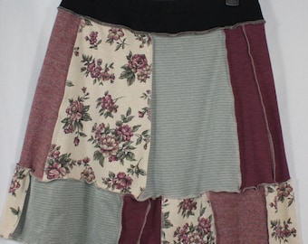 Upcycled Patchwork Skirt Above Knee Recycled Mauve Pink Green Floral Mixed M 8/12