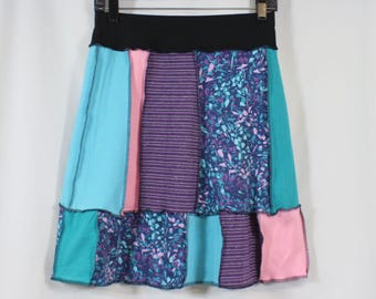 Upcycled Skirt Recycled Fabric Turquoise Purple Teal Mixed Prints Above Knee  S 4/8