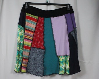 Skirt Upcycled Patchwork T-shirt Fabric Recycled Pieced Twirl Boho Hippie Gypsy Purple Pink Navy Gray Random Fun At Knee  Medium 8-12