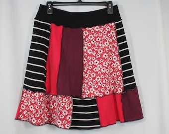 Upcycled Patchwork Skirt Above Knee Recycled Pink Black White Mixed Prints M 8/12