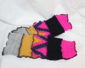 Arm Warmers Fingerless Gloves Recycled Sweaters Upcycled Wool Blends Bright Pink Black 1 Size