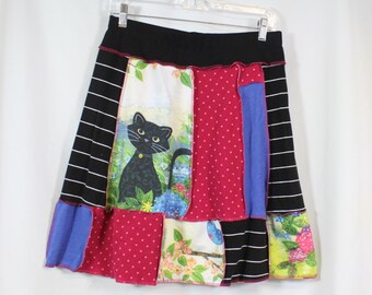 Upcycled Patchwork Cat Skirt Above Knee Recycled Kitty Mixed Prints M 8/12