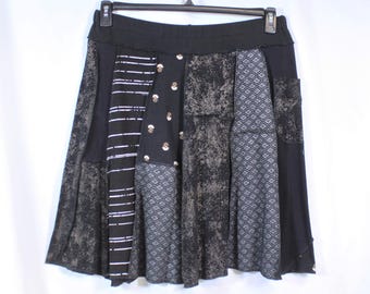 Upcycled Skirt Patchwork Recycled Fabric Twirl Knee Length A Line Blacks With Pocket XL 16-22