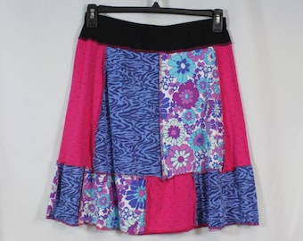 Upcycled Patchwork Skirt Above Knee Recycled Blue Pink Perky Prints M 8/12