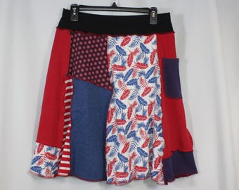 Upcycled Skirt Patchwork Recycled Fabric At Knee With Pocket Red White Blue M 8-12