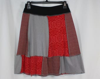 Upcycled Skirt Recycled Fabric Red Gray Mixed Prints Above Knee  S 4/8