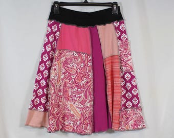 Upcycled Skirt Patchwork Recycled Knee Length A Line Pink Fuchsia Paisley With Pocket S 4/8
