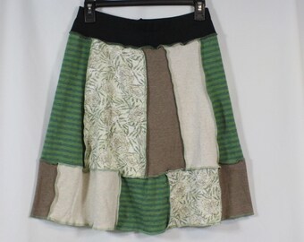 Upcycled Skirt Recycled Fabric Mixed Prints Above Knee Green Beige Floral S 4/8