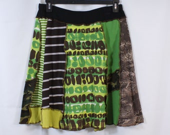 Upcycled Skirt Patchwork T-Shirts Pieced Recycled Knee Length Longer A Line Shades of Green Brown Tan Perky Multi L 12/16