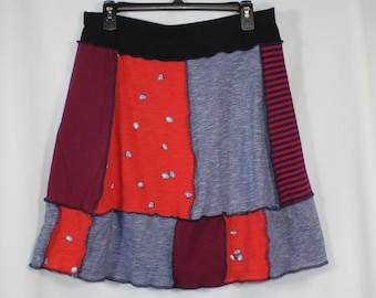 Upcycled Skirt Patchwork Recycled Mixed Prints Above Knee Blue Red Mix L 14/18